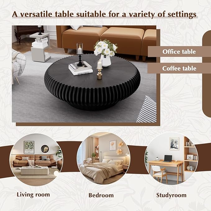 Round Drum Coffee Table Modern Unique Circle Drum Coffee Tables Mid Century Coffee Table with Sturdy Pedestal Fluted Tea Table for Living Room Office Small Space(Black 31.5in)
