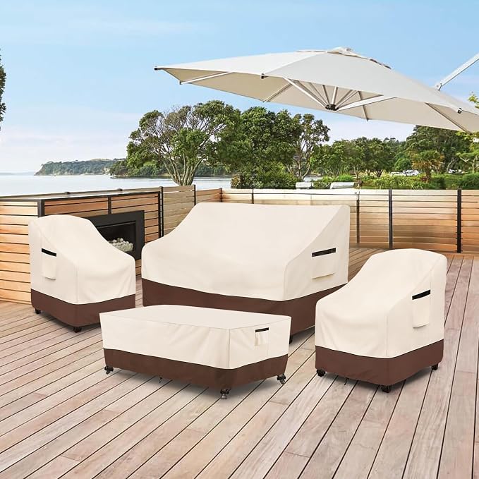 Rileytee Patio Furniture Set Covers, 4 Pcs 600D Heavy Duty 100% Waterproof Outdoor Furniture Cover, Fit Patio Loveseat, Chair and Coffee Table (Beige & Brown) - Image 8