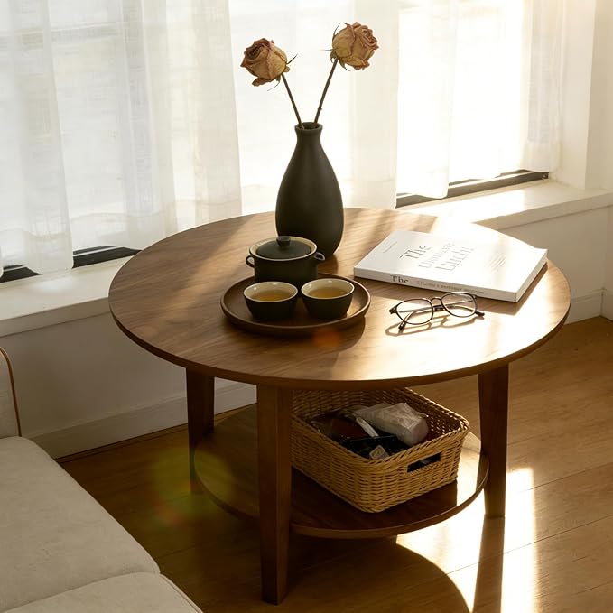 2-Tier Round Coffee Table Wood Nesting Side Table (Walnut Coffee Table, 28x28x18)