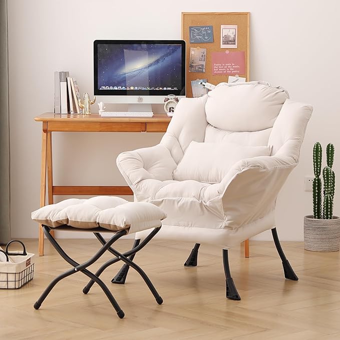 Lazy Chair with Ottoman, Modern Accent Chair with Lumbar Pillow, Beige Sofa, Armchairs with Folding Footrest, Oversized Supportive Chairs for Bedroom, Reading