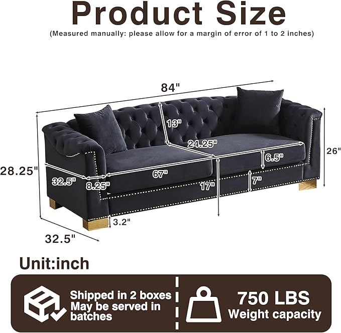 KEIKI 84" Chesterfield Sofa, Upholstered 3 Seat Couch with Rolled Arm for Living Room, Bedroom, Office, Black