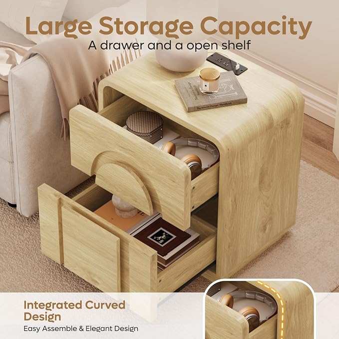 Bestier Night Stand Set 2, 23.6" Farmhouse Nightstand with Charger Station, Mid Century Modern Bedside Table with 2 Drawers, Arch Doors & Rounded Nightstand, End Tables for Bedroom, Natural Oak - Image 4