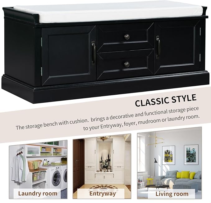 GDFStudio Rustic Storage Bench with 4 Doors 2 Draws Adjustable Shelves Removable Cushion Rectangular Cabinet Foot Rest Stool Solid Wood Shoe Bench Seating for Entryway Living Room, Black - Image 7