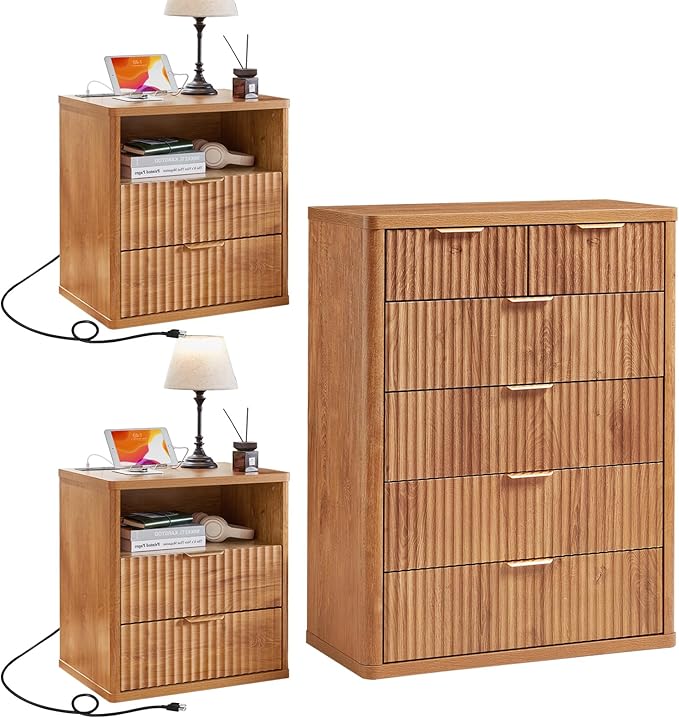 LEYAOYAO 42" Tall Fluted Dresser and 2 Drawers 23" Nightstand Set of 2, Wooden Dresser & Night Stand with Charging Station, 3 Piece Bedroom Furniture Set, Wood Chest of Drawer for Living Room,Brown