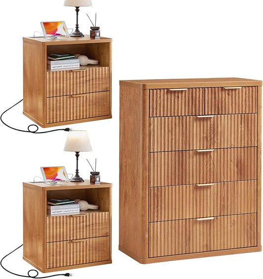 LEYAOYAO 42" Tall Fluted Dresser and 2 Drawers 23" Nightstand Set of 2, Wooden Dresser & Night Stand with Charging Station, 3 Piece Bedroom Furniture Set, Wood Chest of Drawer for Living Room,Brown