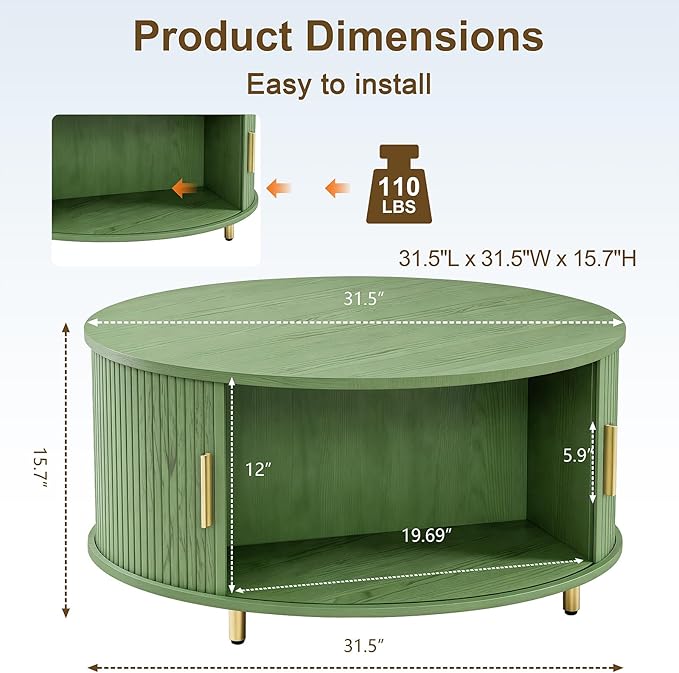 DHH Round Coffee Table, 31.5" Mid Century Modern Coffee Table with 360° Sliding Tambour Door, Fluted Accent Table with Storage Adjustable Footpads for Living Room (Green)