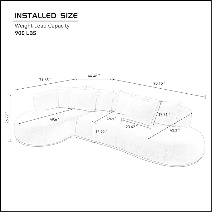 KEIKI 135" L-Shaped Oversized Boucle Sectional Sofa with Left Chaise, Modern 5-Seater Polyester Curved Couch with PU Leather Base & 6 Decorative Pillows, No Assembly Required, for Living Room, Beige