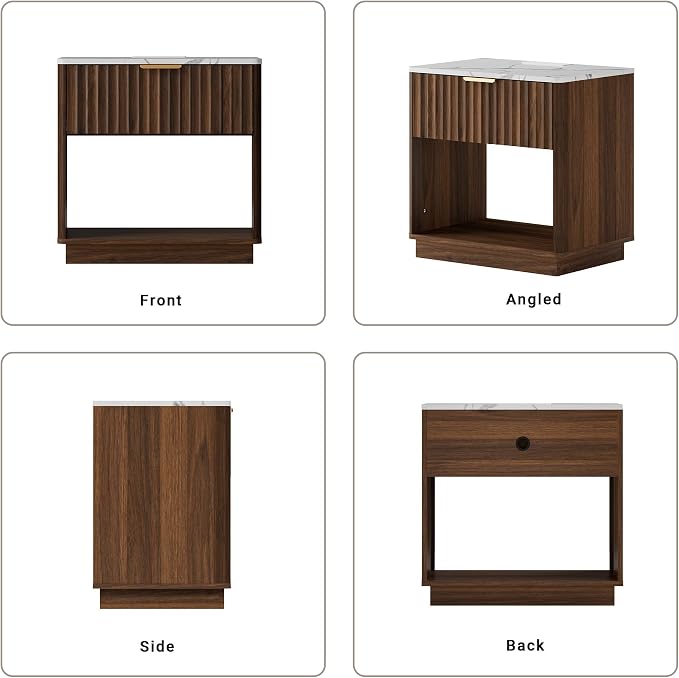 Fluted Nightstand, Night Stand Set 2, 23" Wide Walnut Nightstands Set of 2 with Charging Station & Faux Marble Top, Large Modern End Table with Drawer, Bedside Table for Bedroom Living Room - Image 8