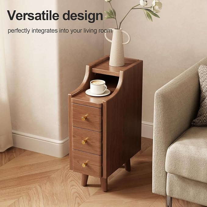 Solid Wood Narrow Nightstand with Drawers,Walnut Nightstand Wood Bedside Table Modern for Bedroom,Study,Toilet - Image 7