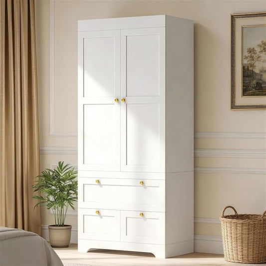 VELTENOVAIRE 2-Door Wardrobe Closet with 3 Drawers, 71" Tall White Wood Armoire Wardrobe Closet Organizer System & Storage Cabinet with Hanging Rod, Freestanding Bedroom Armoire, 20" Deep