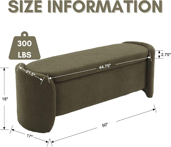 ROCTY Green Boucle Storage Bench - 50" Sherpa End of Bed Ottoman with Seating and Storage for Bedroom, Entryway, Living Room, Vanity or Makeup Room - Teddy Fabric - Image 2