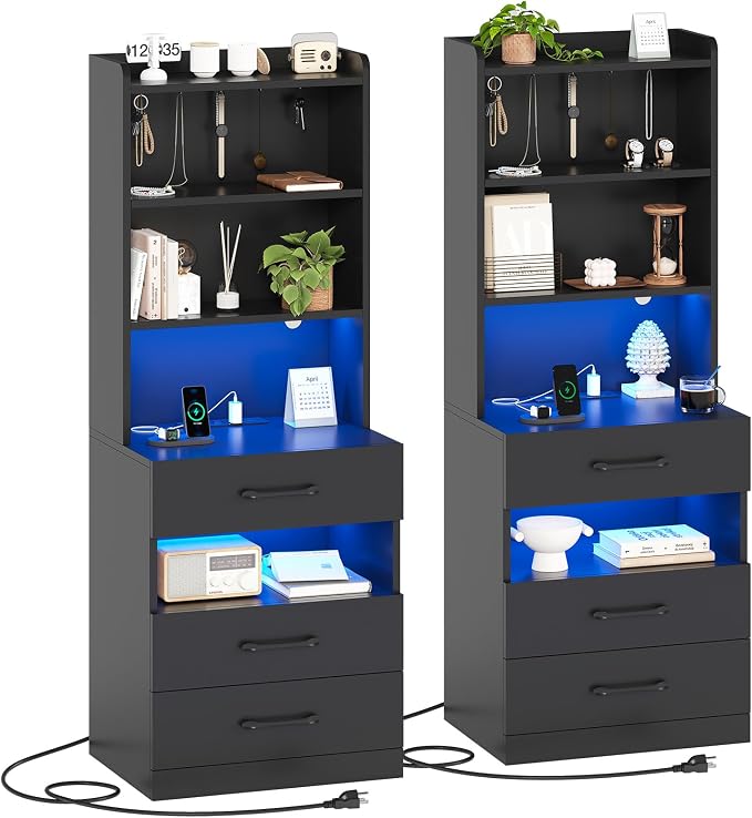 AOGLLATI Tall Night Stand Set of 2 with Charging Station and LED Lights, Black Nightstand with 3 Drawers and Adjustable Shelves, Modern Bedside Table with Bookshelf for Bedroom by AOGLLATI