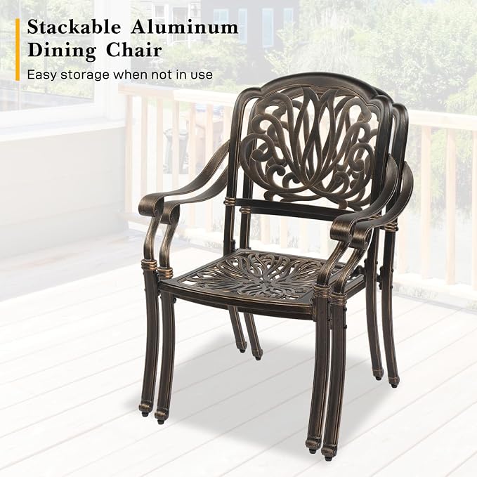 VINGLI 5 Pieces Outdoor Patio Dining Set, Cast Aluminium Patio Furniture Set with 4 Chairs and 1 Umbrella Table for Yard, Garden, Porch and Poolside, Bronze - Image 6