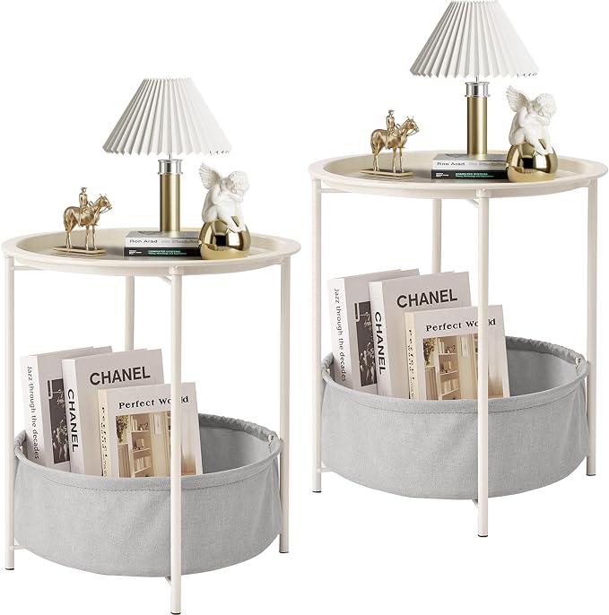 VECELO Round Side/End Table with Fabric Storage Basket，Metal Anti-Rust and Waterproof Small Bedside Nightstand with Removable Tray Top for Living Room，Balcony & Laundry，Beige/2pcs with Basket by VECELO