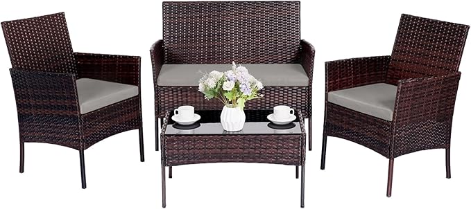 Patio Furniture Set 4 Pieces, Outdoor Rattan Furniture with Tempered Glass Coffee Table, Modern Rattan Patio Chairs Conversation Sets with Sofa for Garden, Terrace, Porch, Lawns Brown/Grey