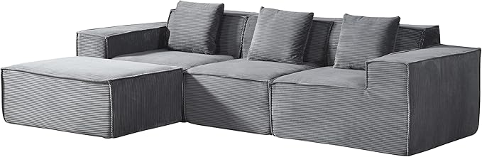 Rowan Convertible Corduroy Sectional Couch with Ottoman & Pillows, Modular L Shaped Sleeper Sofa, Boneless Cloud Couch for Living Room Furniture, Dark Grey