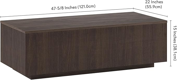 Henn&Hart 48" Fluted Rectangular Low-Profile Coffee Table with Ribbed Base for Living Room, Family Room, or Office, Warm Brown