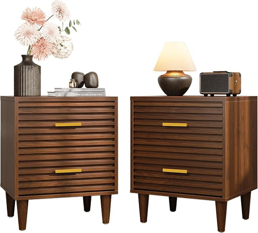 Alohappy Nightstands Set of 2, Mid Century Modern Night Stands, Fluted Bedside Table for Bedroom, Side End Table with Storage Drawers, Vintage Wood Accent Table for Living Room, Brown 2pcs by Alohappy