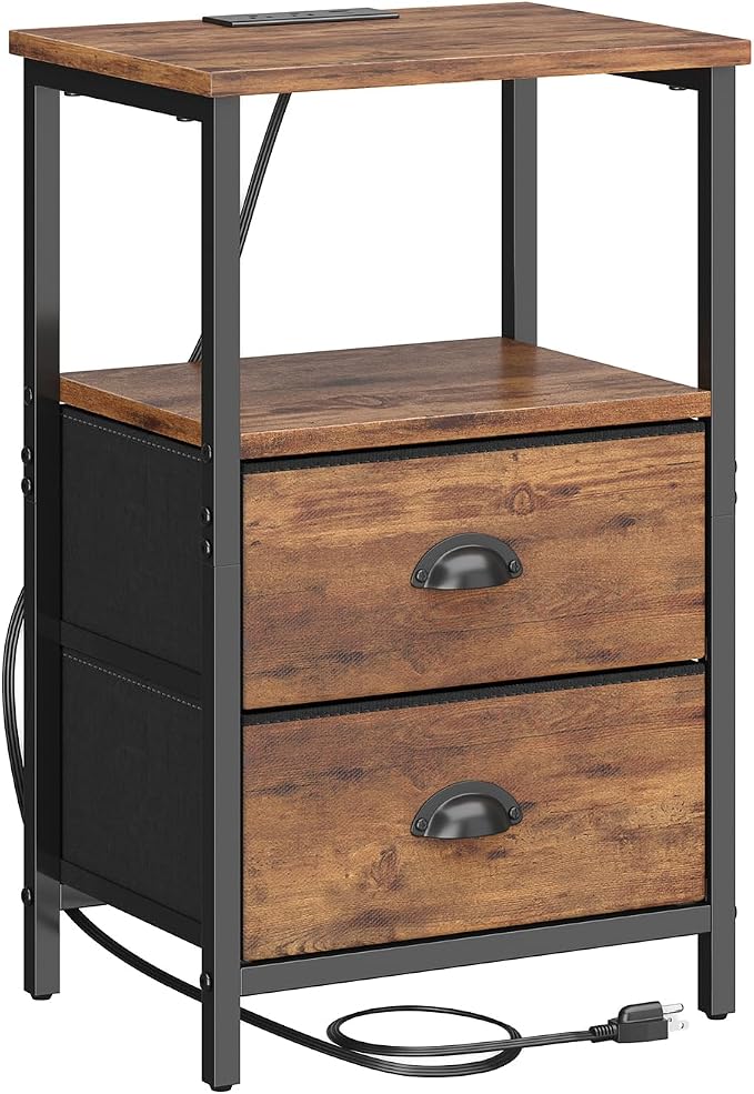 Sthmec Rustic Brown Industrial Nightstand Set of 2, Bedside Table with 2 Fabric Drawers, 3-Tier Storage, LED Light, Charging Station, 11.38''D * 15.38''W* 24.75''H - Image 8