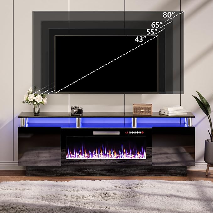 TAVATA 70" Fireplace TV Stand with 36" Fireplace for TVs up to 80", Modern Wooden Entertainment Center with LED Lights for Living Room Bedroom, High Gloss TV Console Cabinet with Open Shelf, Black - Image 6