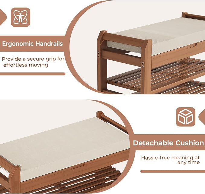 27.6" Bamboo Shoe Bench with Cushion, 5 Hooks Coat Rack, 2-Tier Storage Bench for Entryway, Heavy Duty Shoe Rack Organizer with Removable Soft Cushion for Living Room Bedroom Hallway - Image 8
