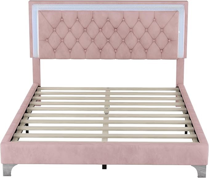 3-Pieces Bedroom Sets, Harper & Bright Designs Queen Size LED Velvet Platform Bed Frame with LED Lights & Tufted Headboard, Wood Slat Support, No Box Spring Needed, Easy Assembly (Pink)