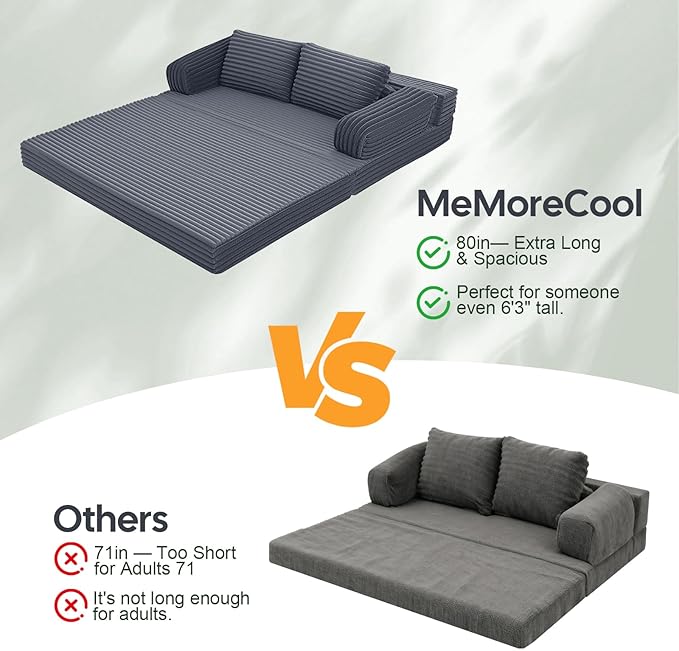 MeMoreCool Convertible Sofa Bed, Folding Floor Couch Bed Queen, Pull Out Sleeper Couch with Pillows, Fold Out Futon Sofa for Bedroom Living Room Small Space, Corduroy Grey