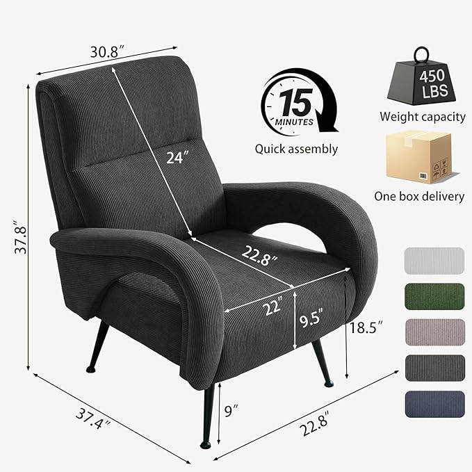 Corduroy Living Room Accent Chairs, Comfy High Back Reading Chair with Curved Arms and Solid Legs, Upholstered Armchair for Bedroom, Reading Nook, Apartment, Dark Grey