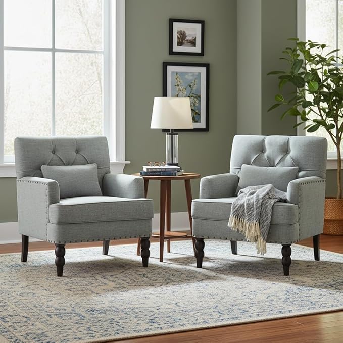 HUIMO Accent Chairs Set of 2, Tufted Club Chair Set of 2 with Lumbar Pillow,Upholstered Button Armchair, Linen Fabric Sofa Chairs for Bedroom, Living Room, Mid Century Modern Reading Chair,Light Blue