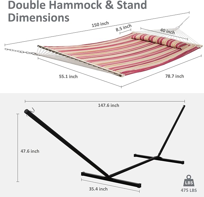 SUNCREAT Outdoor Hammock with Stand, Two Person Quilted Fabric Hammock Swing with 12ft Steel Stand, Red Stripes - Image 4