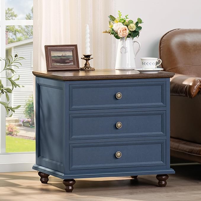 Joaxswe 24" Wide Farmhouse Nightstand Set of 2, 45" Tall Rustic Chests of 5 Drawers w/ 4 Solid Wood Feet, Farmhouse Furniture Series for Living Room,Bedroom,DarkBlue