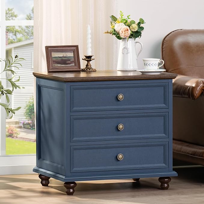 Joaxswe 24" Wide Farmhouse Night Stand Set of 2,Large End Table with 3 Drawers & Metal Handle,Blue Dresser for Bedroom,Bed Side Table Chest of Drawers Cabinet,Wood Nightstand for Living Room,Closet - Image 2