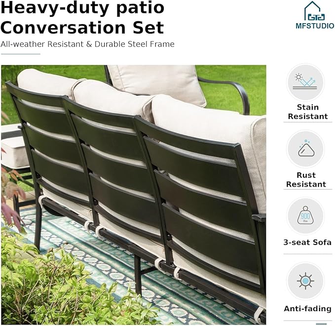 MFSTUDIO 5 Pieces Patio Conversation Sets,Outdoor Metal Furniture Sofas with 1 x 3-Seat Sofa, 2 x Swivel Chairs,2 x Ottoman,Wrought Iron Frame with Beige Cushion for Patio Courtyard Balcony