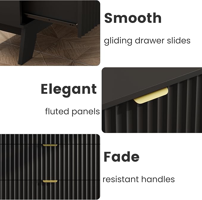Wodeer Night Stand Set 2, Bedside Table & End Table, Mid Century Modern Fluted Wood Nightstand with 3 Drawers & Metal Handles, Farmhouse Nightstand for Bedroom, Black - Image 8