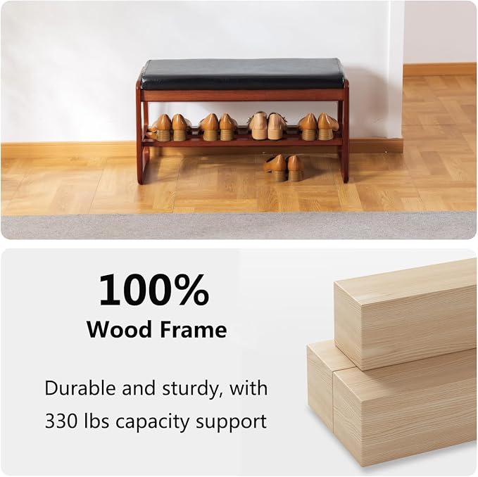 Solid Wood Shoe Bench, 2-Tier Wooden Entryway Bench, Modern Shoe Rack with Faux Leather Cushion for Hallway, Living Room (Black, 31.5'') - Image 5