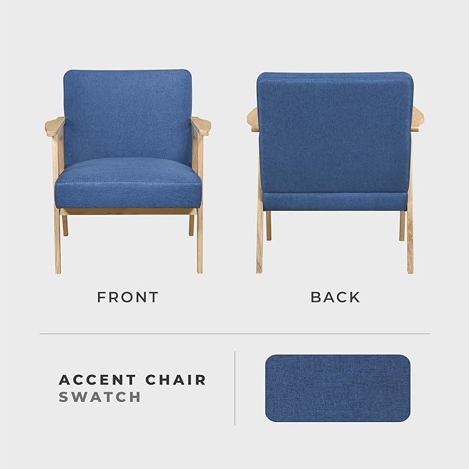Lexicon Mid Century Modern Accent Chair, Upholstered Lounge Armchair, Single Sofa Seat, Natural Finish Solid Wood Framed Comfy Side Chairs for Living Room/Bedroom/Office/Waiting Area, Blue