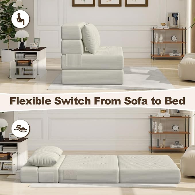 Folding Sofa Bed, Convertible Sleeper Chair & Couch Bed with Pillow, One-Piece High-Density Sponge Mattress, Multi-Purpose Corduroy Floor Sofa for Living Room, Office, Apartment, Beige, Twin