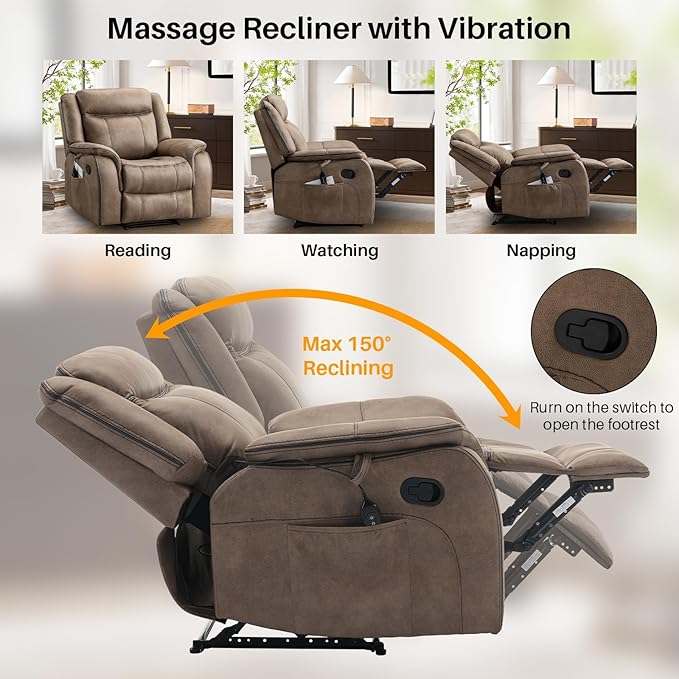 Massage Recliner Chair with Heat, Faux Leather Recliner Chairs for Adults, 39" Wide Manual Reclining Ergonomic Lounge Chair, Overstuffed Wall Hugger Recliners for Living Room, Nut Brown