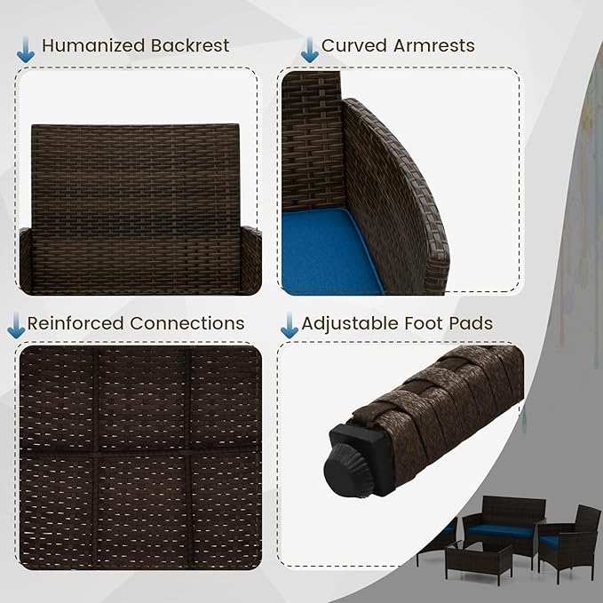 DORTALA Wicker Patio Furniture Set 4 Piece, Outdoor PE Rattan Table & Chairs Set with Tempered Glass Coffee Table, Loveseat, Cushions, Conversation Set for Balcony, Porch, Backyard, Deck, Peacock Blue