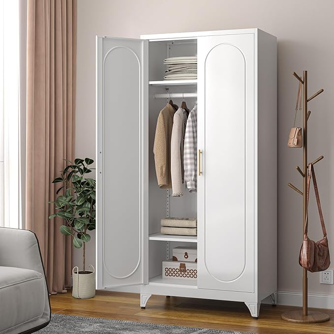 SteeLoong 71" Metal Armoire Wardrobe Closet with Doors，Tall Clothing Storage Cabinet with Adjustable Shelves and Hanging Rod,White Wardrobe Closet for Bedroom,Home,Office,Gym