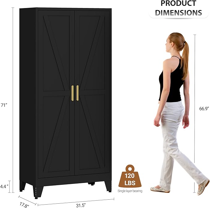 71" Steel Combination Wardrobe Closet, Metal Storage Wardrobe Cabinet with 2 Doors, Hanging Rod & Shelves, Black Metal Armoire Wardrobes Clothing Coat Cabinet for Bedroom, Office, School