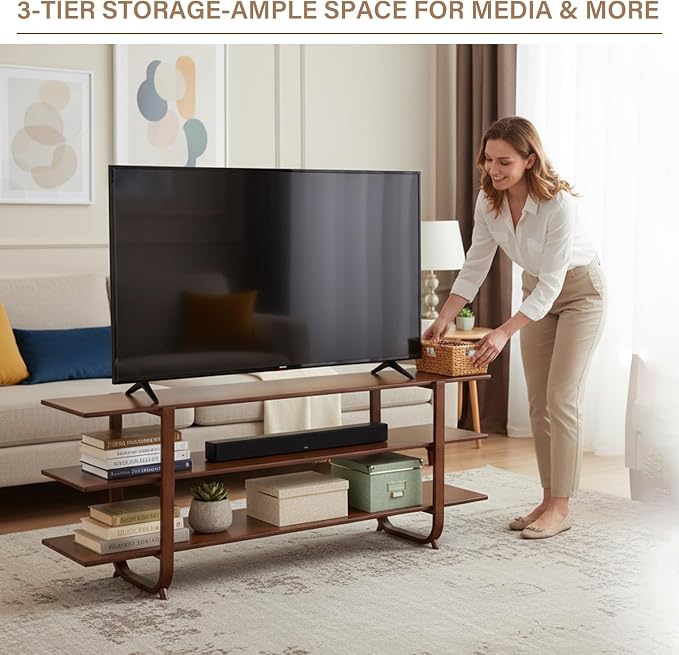 Tiita Wooden TV Stand for 65 Inch TV, Modern Media Console Table with 3-Tier Storage Shelves, Long Entertainment Center for Living Room, Walnut TV Stand with Open Display Rack - Image 2