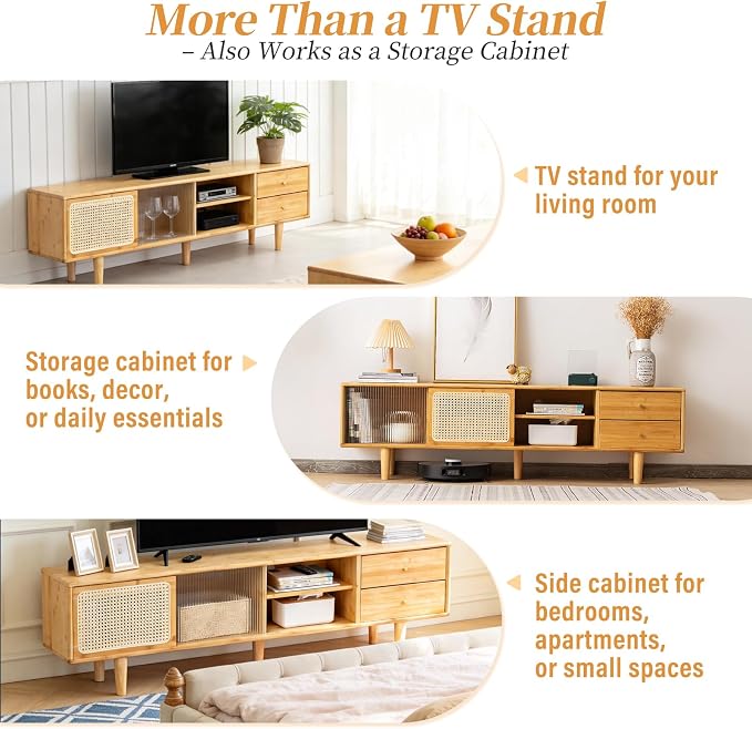 Tiita Rattan TV Stand for 55 60 Inch TV, Bamboo TV Cabinet with 2 Drawers, Boho Entertainment Center with Adjustable Shelf, Mid Century Modern Media Console for Bedroom, Living Room, Study - Image 9