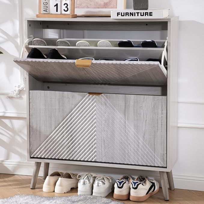 oakvivo Shoe Cabinet with 2 Flip Drawers, Freestanding Shoe Organizer with 4 Wooden feet, Modern Shoes Storage Cabinet for Entryway, Hidden Narrow Shoe Rack Cabinet for Foyer, Hallway, Mudroom, Grey by OAKVIVOElegantLifestyle