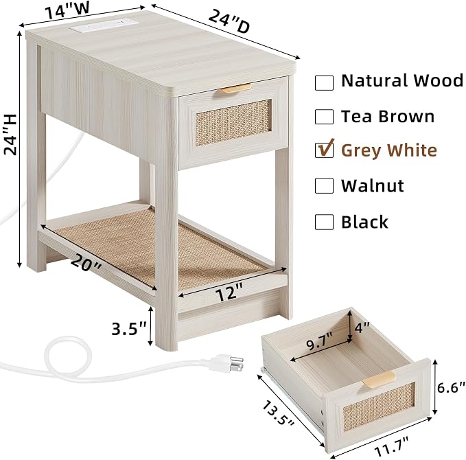 Lerliuo Narrow Night Stand Set of 2 with Charging Station, Boho Nightstand with Drawer, Bed Side End Table with Rattan Shelf for Small Spaces, Wood Nightstands Bedside Tables for Living Room Bedroom - Image 3