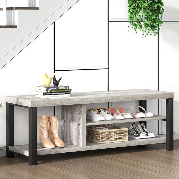FOLUBAN Shoe Storage Bench, Rustic Wood Entryway Bench for Hallway Entrance, Vintage Indoor Bench with Shoe Storage and Seating for Bedroom Living Room, Light Grey, 47 Inch by FOLUBAN