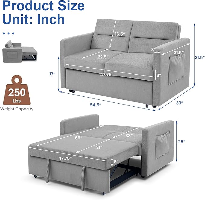 Loveseat Sleeper Sofa Bed, Pull Out Couch Comfortable Chenille Fabric, Adjustable Backrest, Resilient Sponge Cushions, Sturdy Wood Frame, Side Storage Pockets, Grey