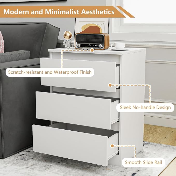 White Nightstand with 3 Drawers,Modern Tall Bedside Table with Storage for Bedroom,End Side Table with No-Handle Design for Living Room - Image 4