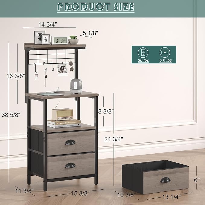 sthmec Tall Nightstands with Charging Station, LED Night Stand Bedsides with 2 Fabric Drawers,Hooks,USB Port and Open Storage Shelves,Tall End Table Bedside for Bedroom,Office, Grey - Image 3
