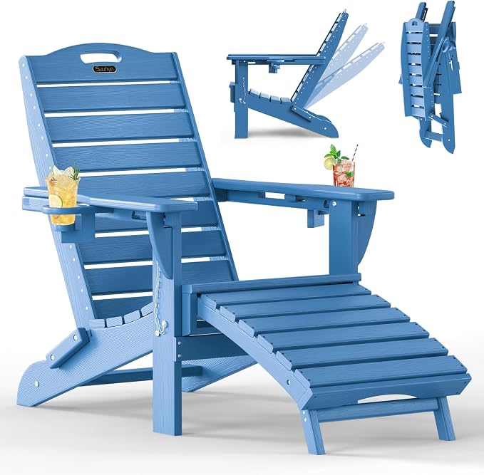 Folding Adirondack Chair with Retractable Ottoman Weather Resistant Fire Pit Chair Patio Chair with 2 Cup Holder Lawn Outdoor Lounge Chair (Navy Blue) by Suunyn